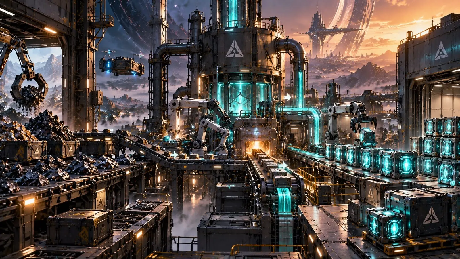 Editorial illustration of an automated factory interior with glowing teal conveyor lines and stacked resource crates