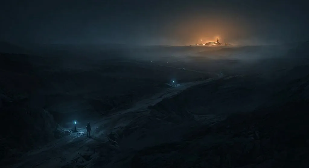 Editorial illustration of a dark frontier path leading toward a small, distant glowing outpost through mist