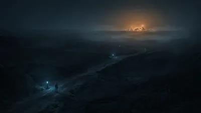 Editorial illustration of a dark frontier path leading toward a small, distant glowing outpost through mist