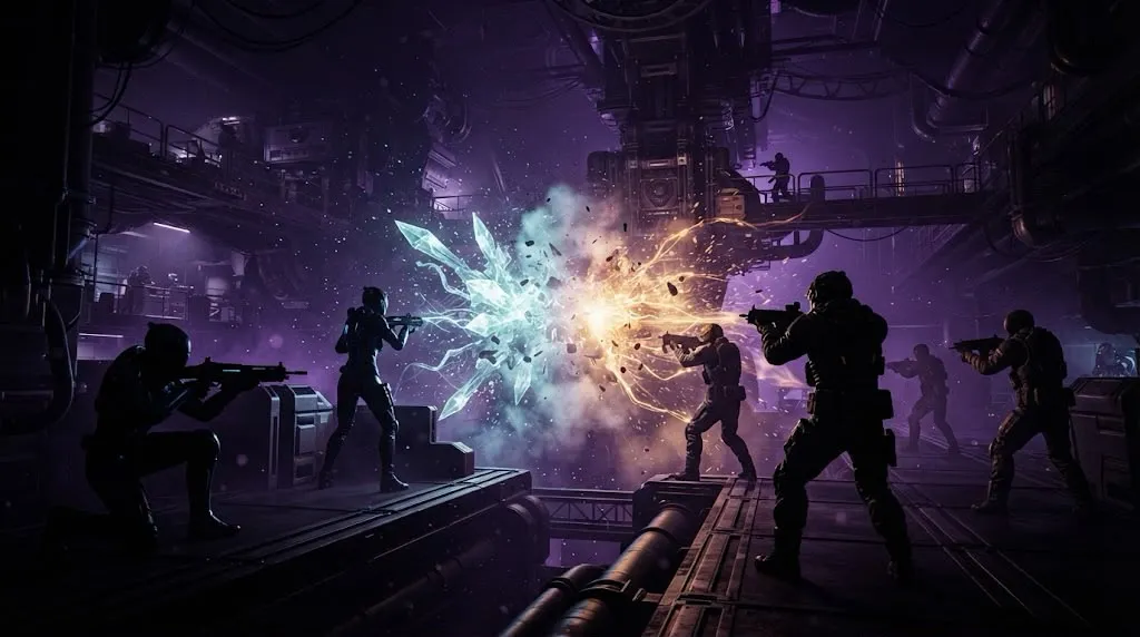 Silhouetted armored operators exchanging gunfire as cool blue-white and warm amber energy bursts collide between them in an industrial facility