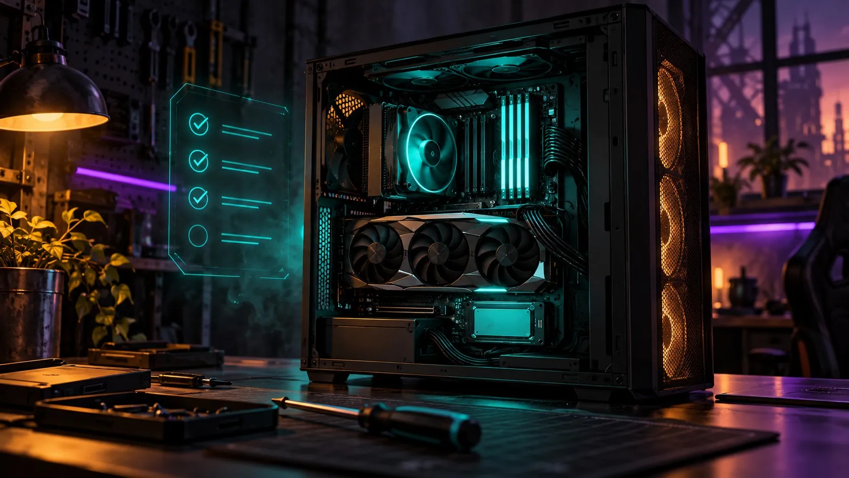 Open gaming PC with its graphics card, memory and SSD lit in teal beside a glowing abstract checklist on a dark workbench