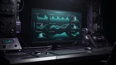 Gaming monitor displaying a teal performance-tuning dashboard with multiple frame-time and hardware-load graphs, on a sci-fi control desk