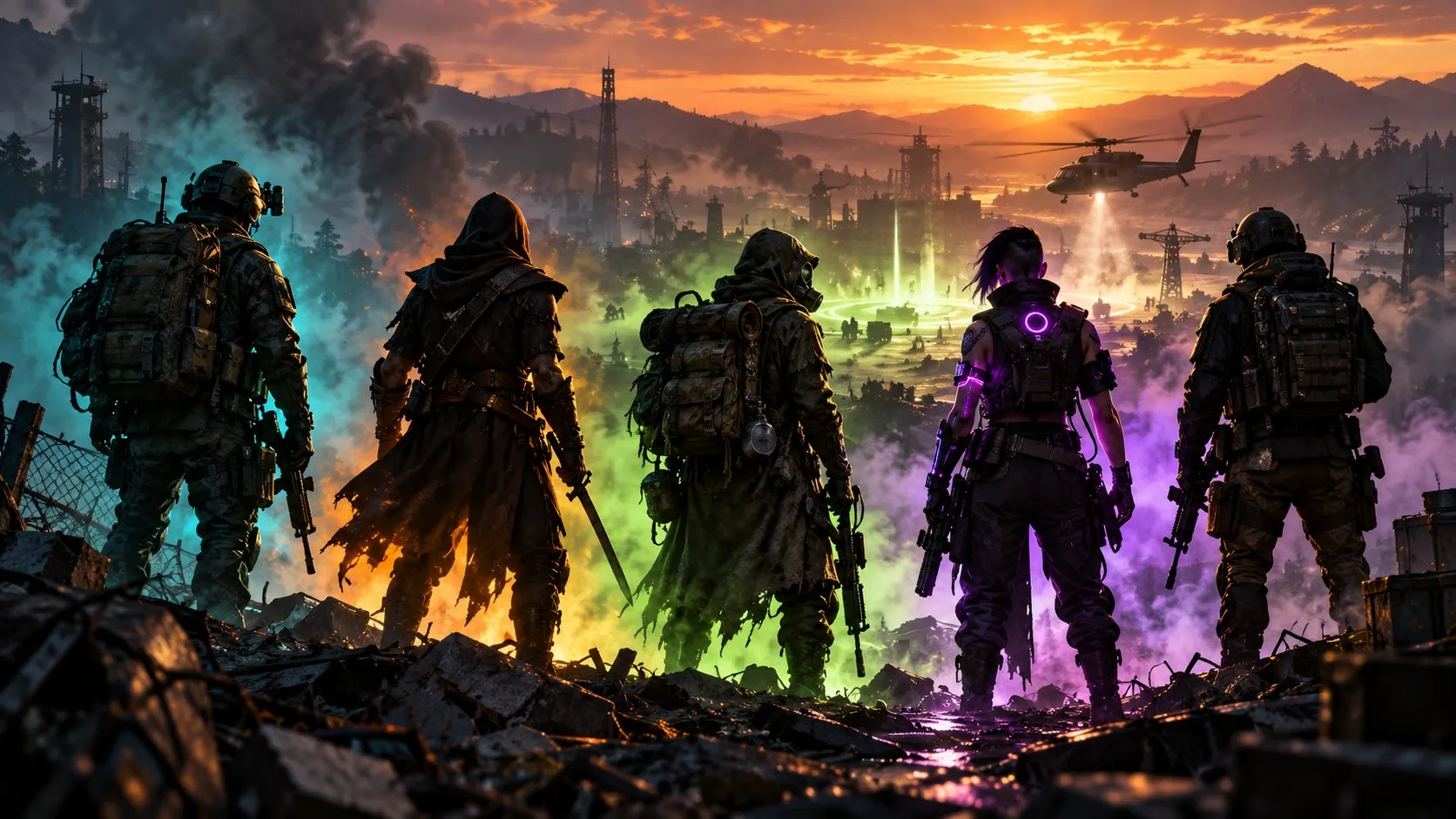Five silhouetted figures from different settings, a soldier, a hooded rogue, a gas-masked scavenger, a cyberpunk mercenary and an operator, watching a glowing extraction zone at dusk