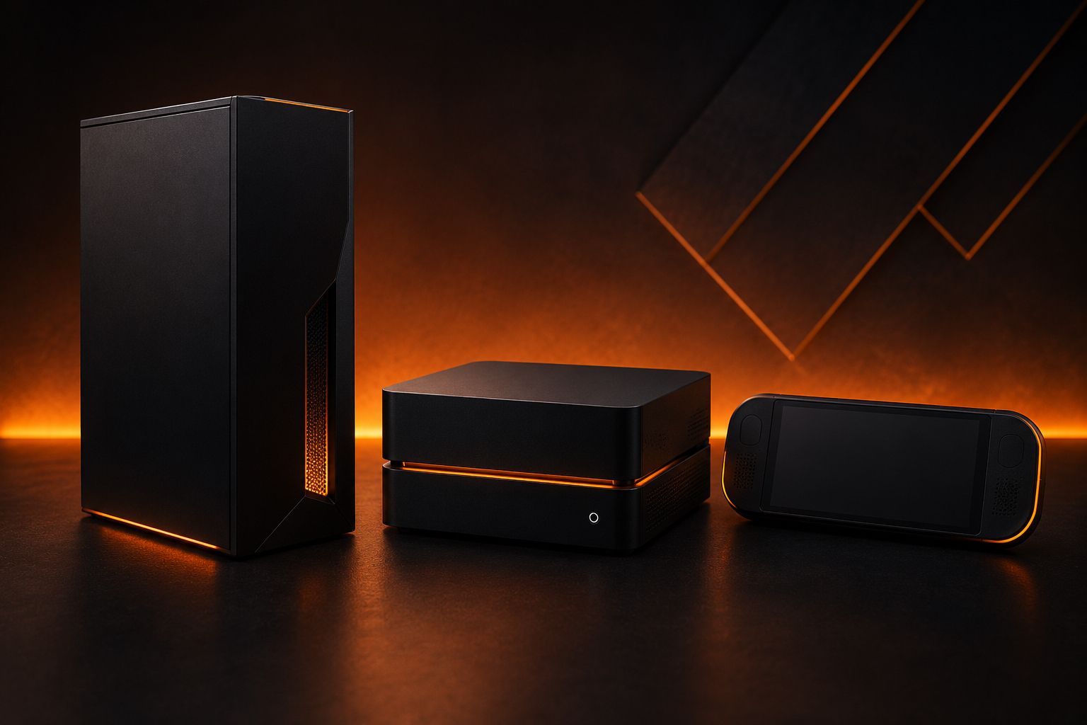 Three abstract dark gaming device shapes representing a PC tower, console and handheld, lit with warm orange accent lighting