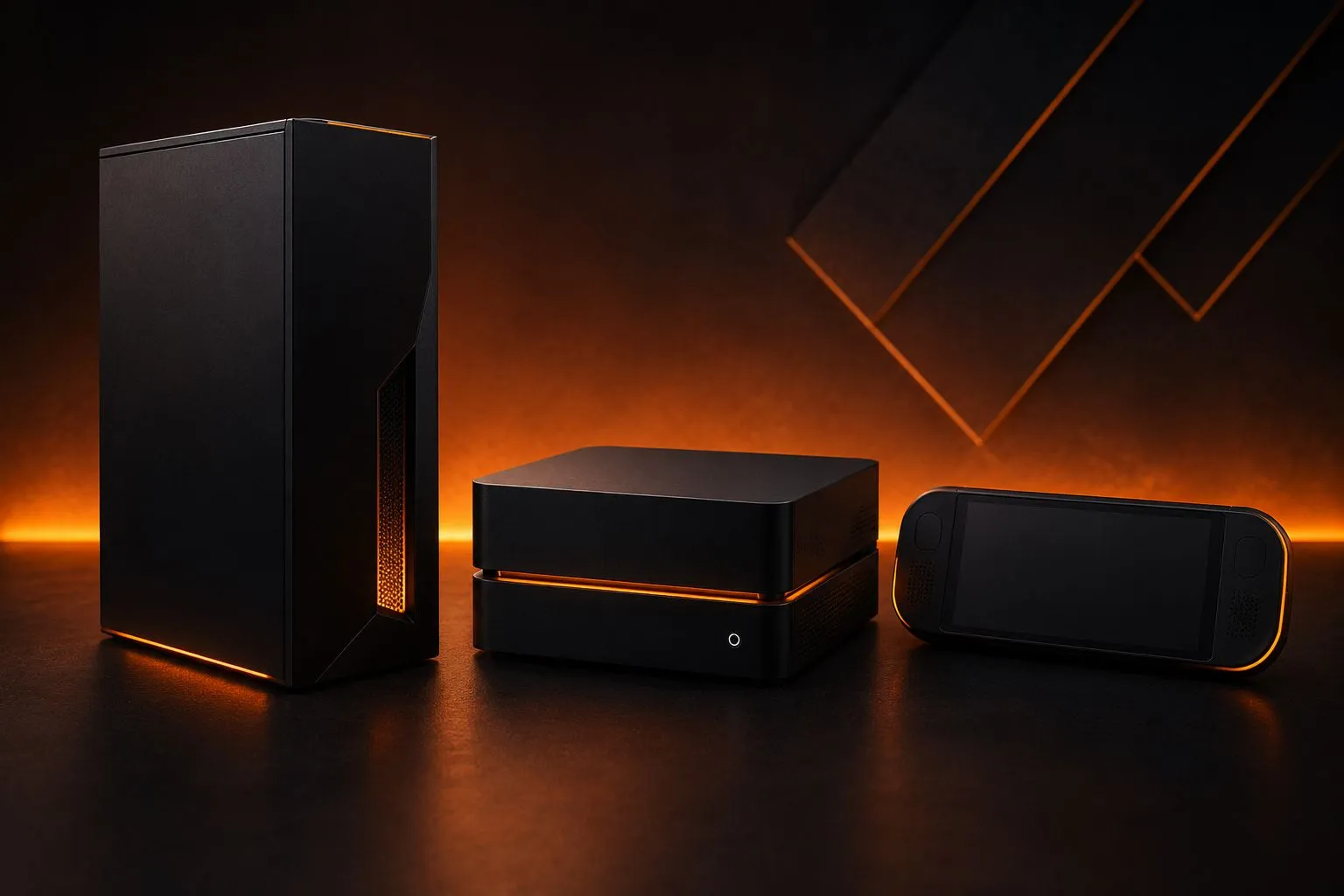 Three abstract dark gaming device shapes representing a PC tower, console and handheld, lit with warm orange accent lighting