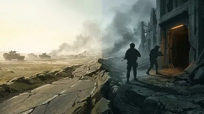 Editorial illustration contrasting a distant battlefield vehicle with two silhouetted soldiers approaching a lit doorway