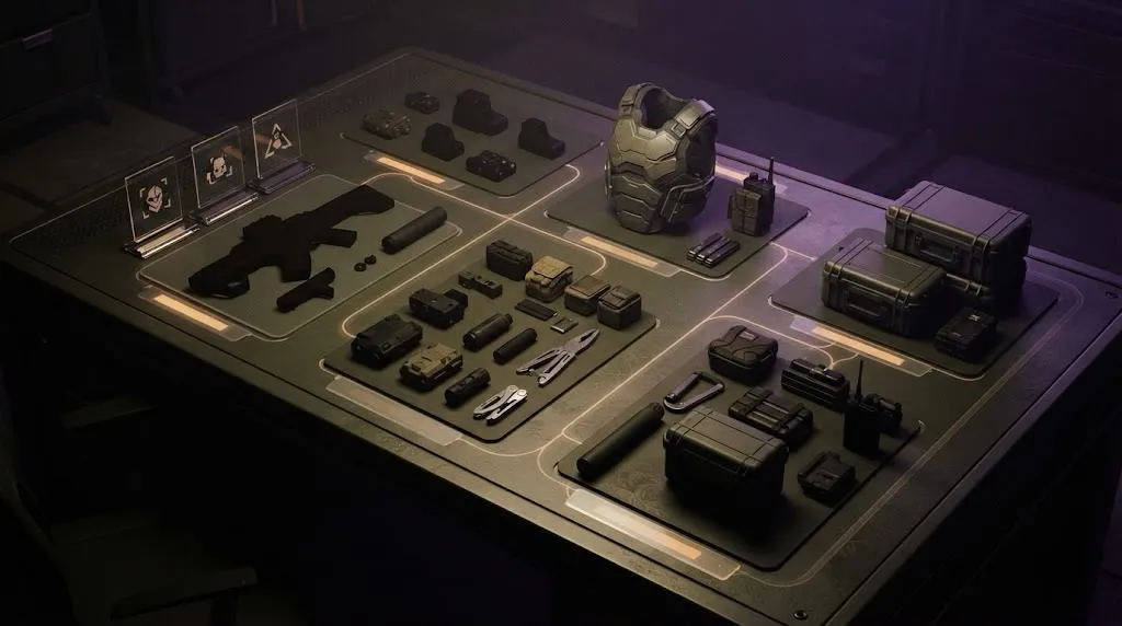 Tactical loadout gear — a rifle, armor and supply cases — laid out and organized across a dark equipment table