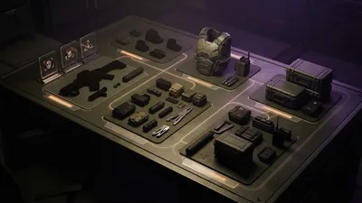 Tactical loadout gear — a rifle, armor and supply cases — laid out and organized across a dark equipment table
