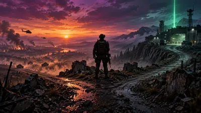 A lone soldier on a ruined hilltop at dusk between a path to a smoky battlefield with tanks and helicopters and a road to an industrial compound with a green extraction beacon