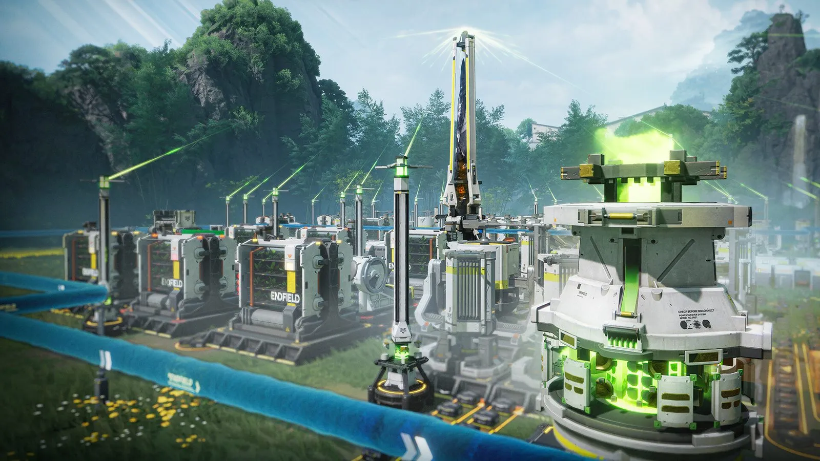 Arknights: Endfield AIC factory with machines and conveyor lines in an open field
