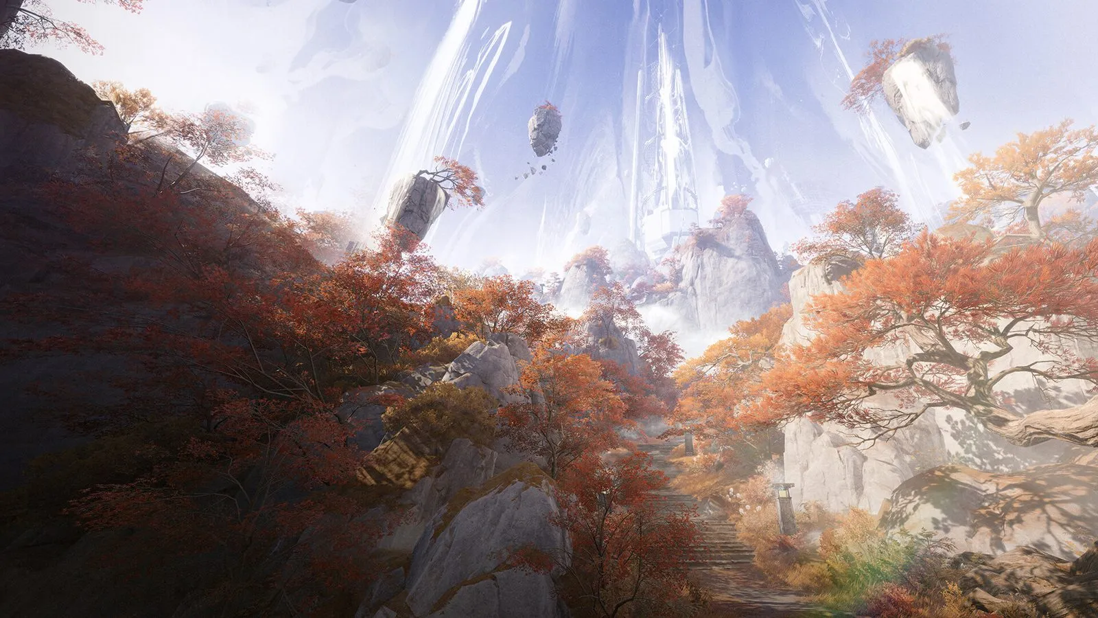Arknights: Endfield wide view of autumn cliffs and floating rocks on Talos-II