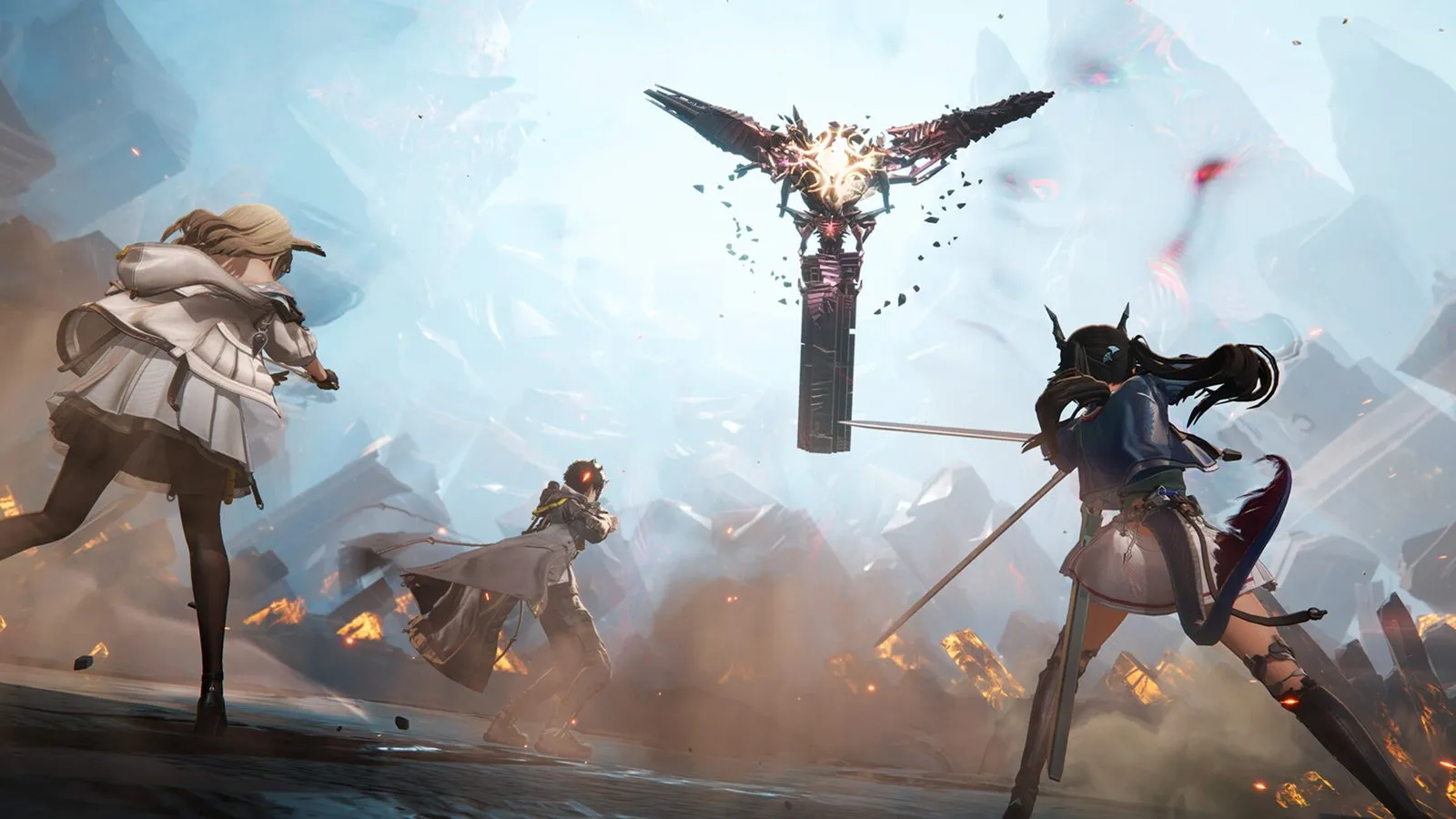 Arknights: Endfield squad fighting a large mechanical enemy in real-time combat
