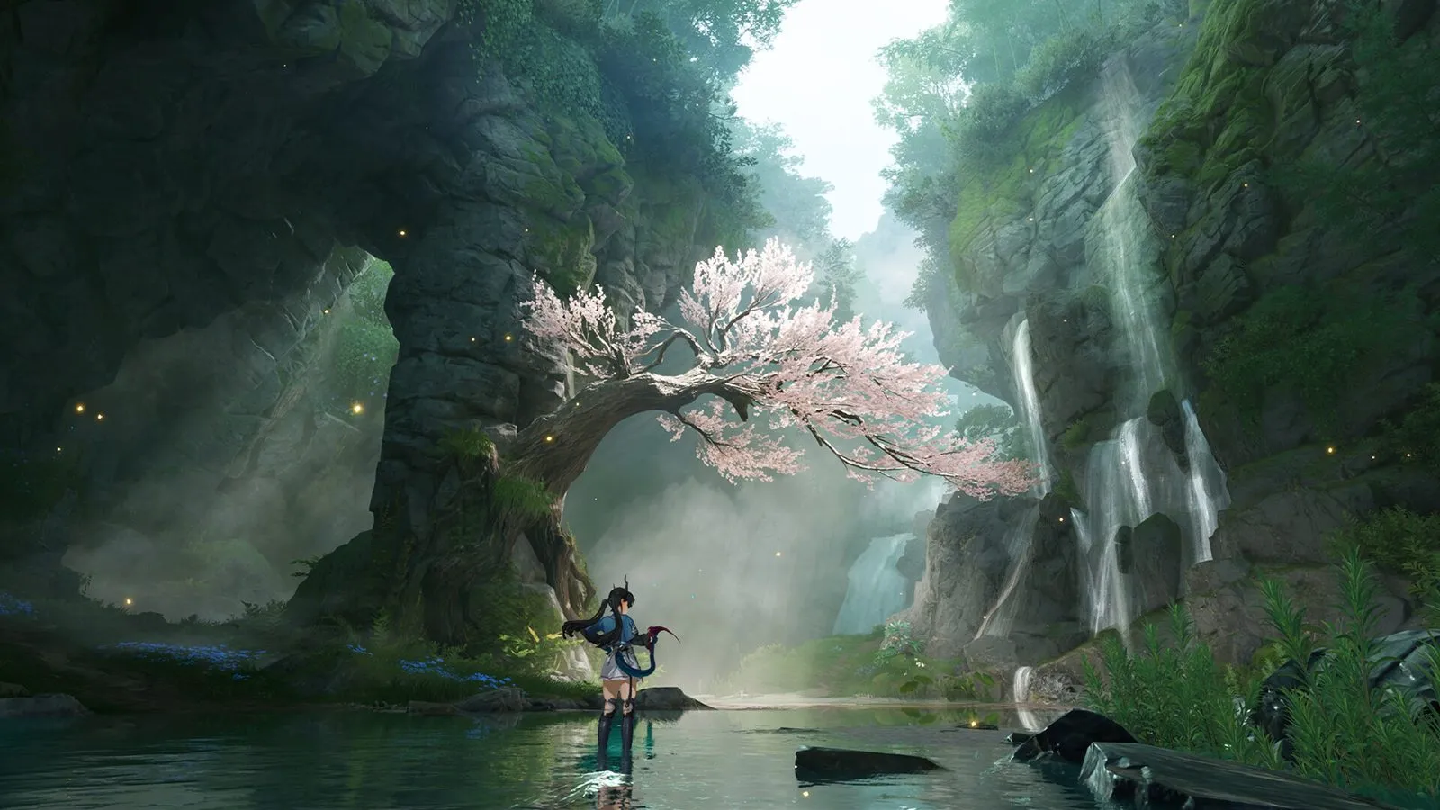 Arknights: Endfield forest valley with waterfalls, dense foliage and water reflections
