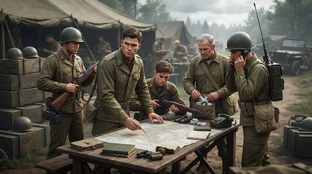 A squad of WWII soldiers gathered around a map table at a field camp, planning their next move together