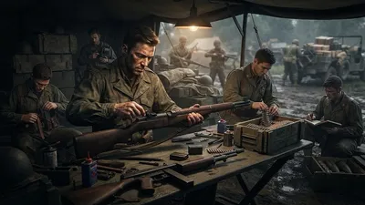 A WWII soldier repairing a rifle at a field supply table covered in ammunition, tools and spare parts, with a supply truck in the background