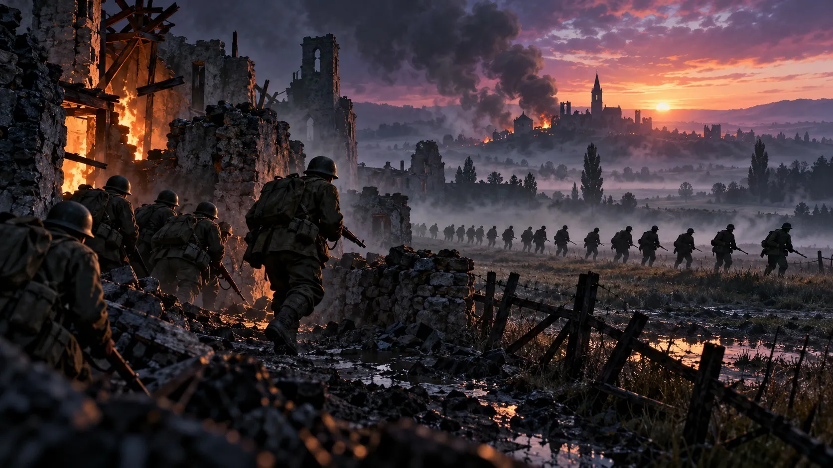 WWII soldiers at dawn, a small squad moving through burning village ruins while a long line of infantry advances across a misty field