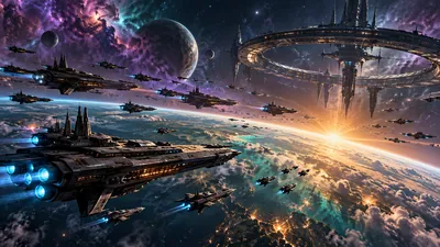 A fleet of sleek starships in formation above a glowing planet, with a massive ring-shaped space station in the background