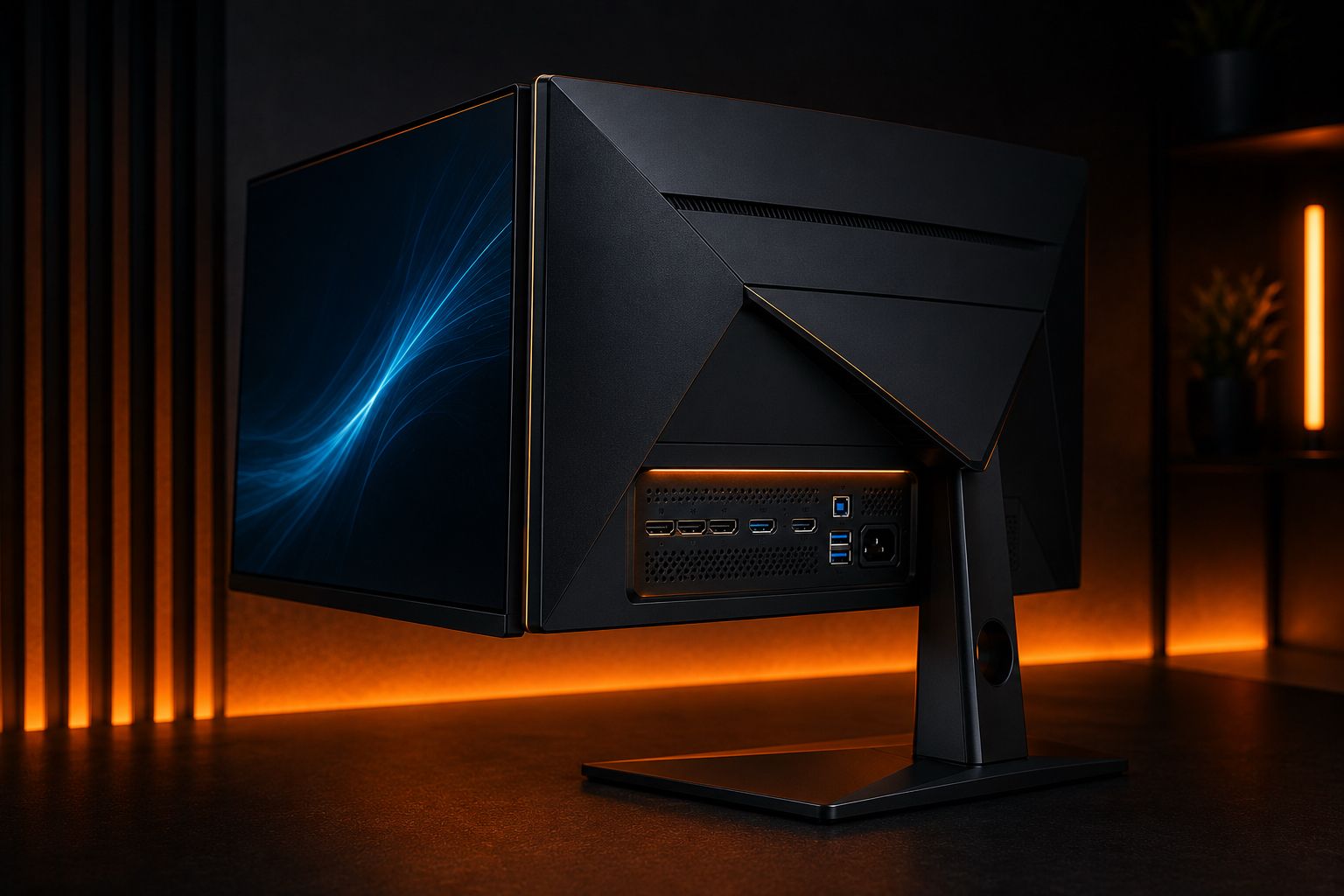 Gaming monitor viewed from a rear angle showing its port cluster, with an abstract blue light pattern on screen
