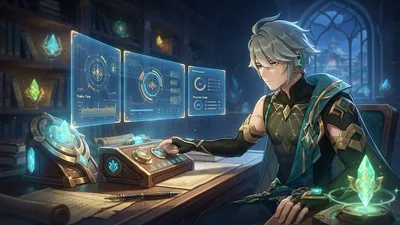 A character at a desk adjusting a glowing performance-panel display showing frame-time and stat graphs, in a fantasy study setting