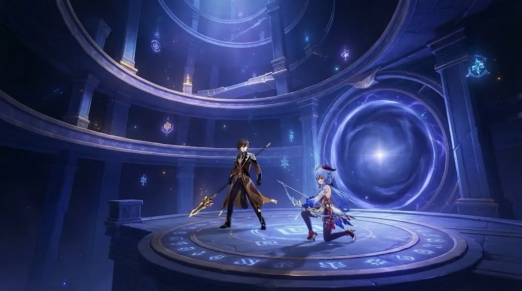 Two armed characters standing ready in a deep circular abyss chamber with tiered stone rings and a glowing portal