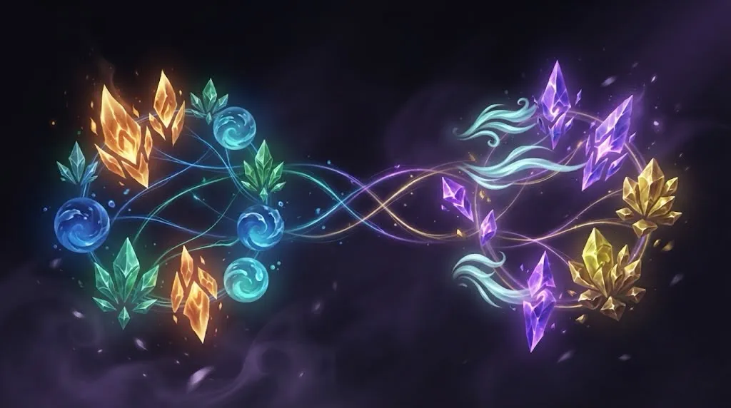 Abstract illustration of two separate clusters of glowing multicolored elemental shards connected by flowing energy lines, against a dark background