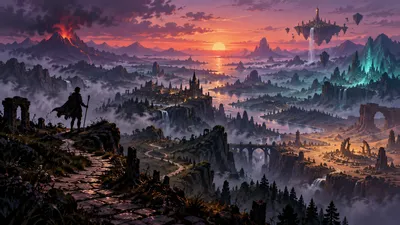 A small traveler with a staff at the start of a stone path overlooking a vast fantasy landscape with floating islands at sunset