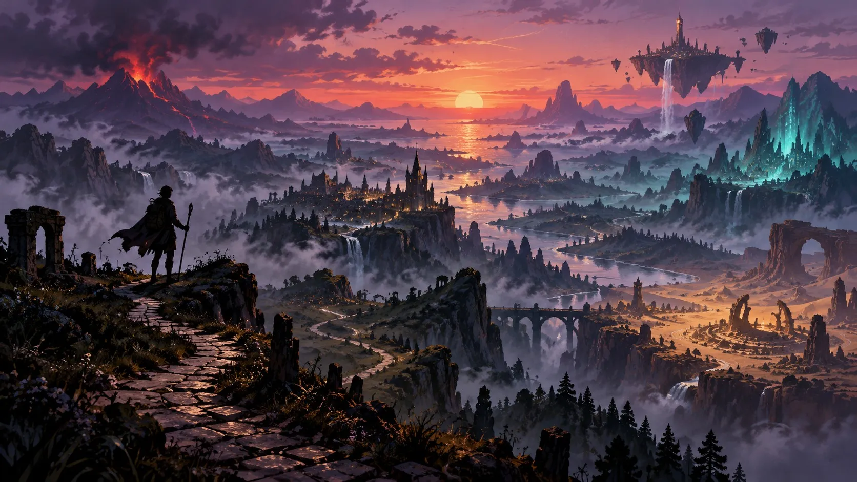 A small traveler with a staff at the start of a stone path overlooking a vast fantasy landscape with floating islands at sunset