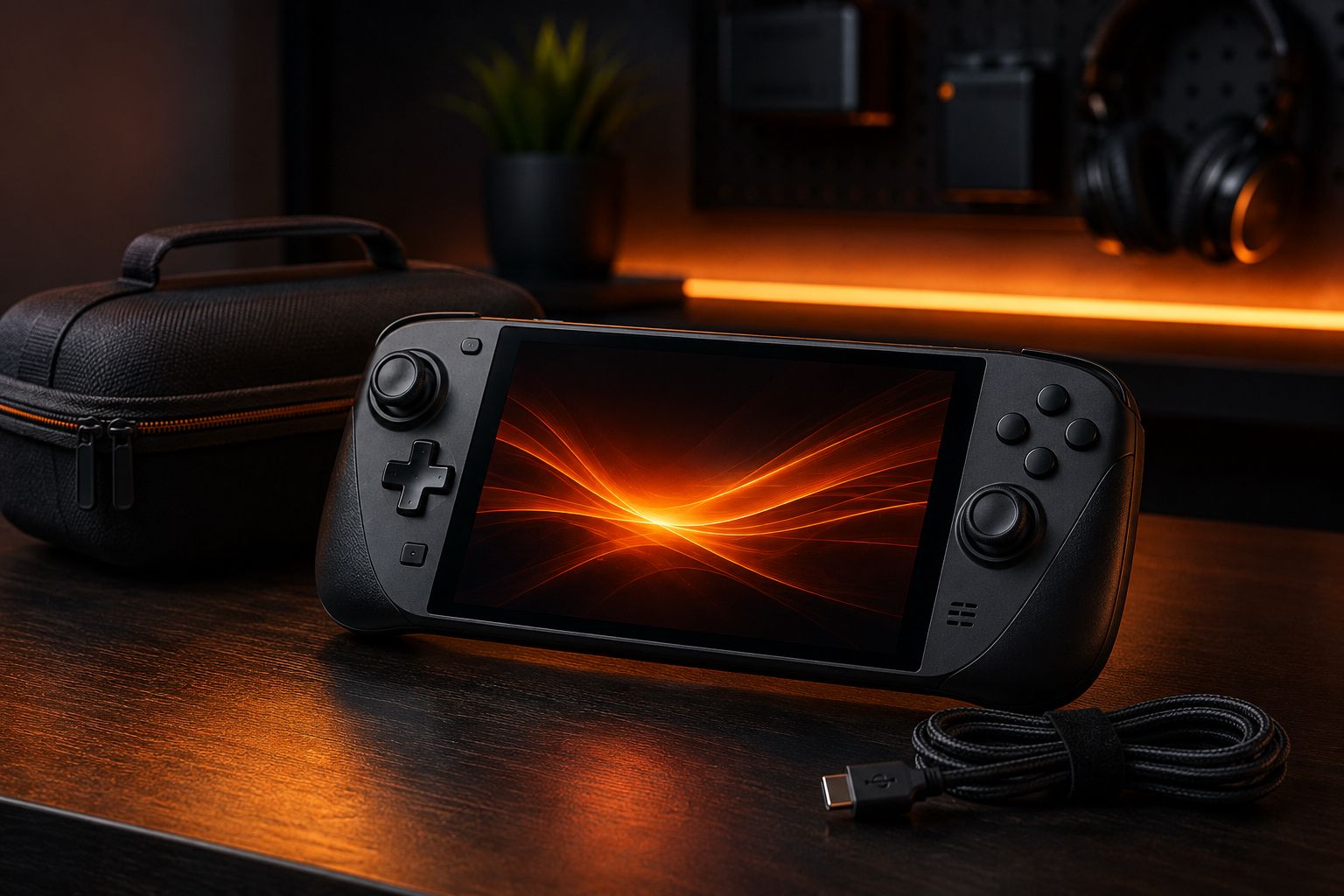 Generic handheld gaming device on a desk with a travel case, charging cable and headphones, warm ambient lighting