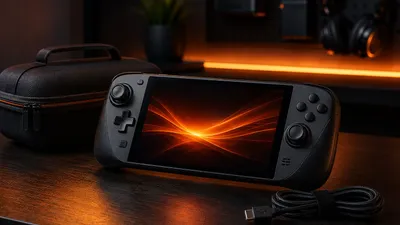 Generic handheld gaming device on a desk with a travel case, charging cable and headphones, warm ambient lighting