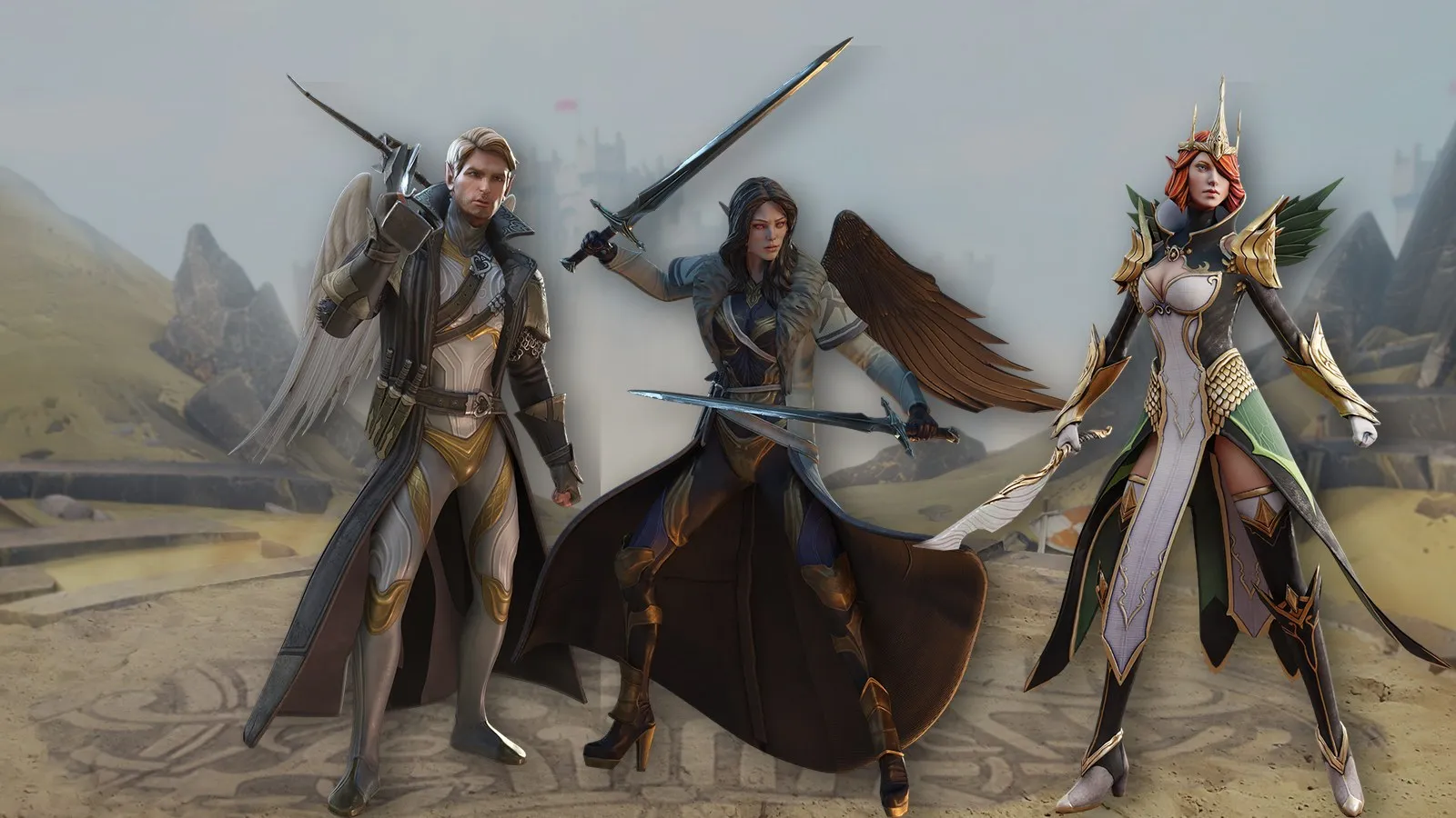 Three RAID: Shadow Legends champions, a winged swordsman, a dual-blade warrior and a crowned elf, standing in a sandy arena