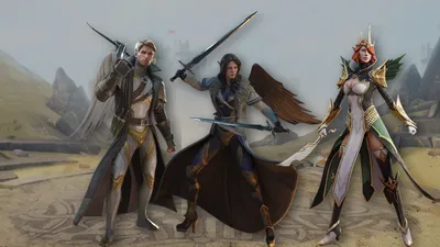 Three RAID: Shadow Legends champions, a winged swordsman, a dual-blade warrior and a crowned elf, standing in a sandy arena