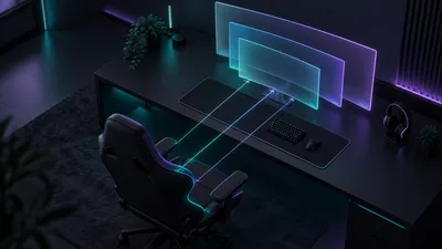A dark gaming desk with ghosted outlines of small, medium and large monitors and glowing lines measuring the distance from the chair