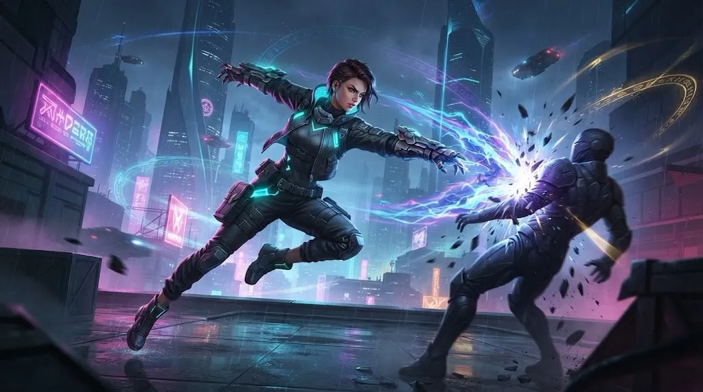 A character mid-air unleashing a supernatural energy attack against an armored opponent on a rain-slicked city street at night