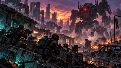 Armored soldiers taking cover behind barricades in a ruined city as giant red-eyed machines advance through the smoke