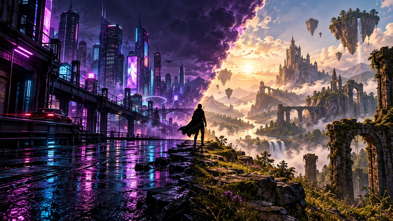 A cloaked figure standing where a rain-slicked neon city at night meets a sunlit fantasy valley with floating islands