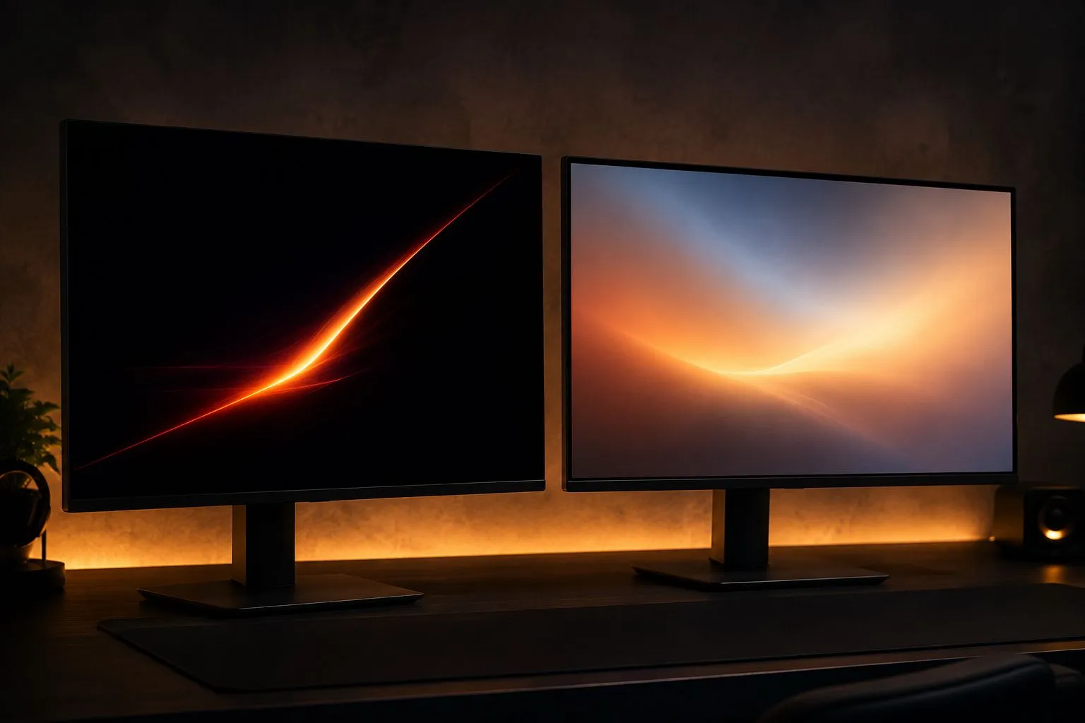 Two identical unbranded gaming monitors side by side, one showing deep high-contrast darkness with a bright streak, the other showing a softer even glow