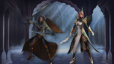 Two RAID: Shadow Legends champions, a dual-blade warrior and a crowned elf, inside a misty stone temple