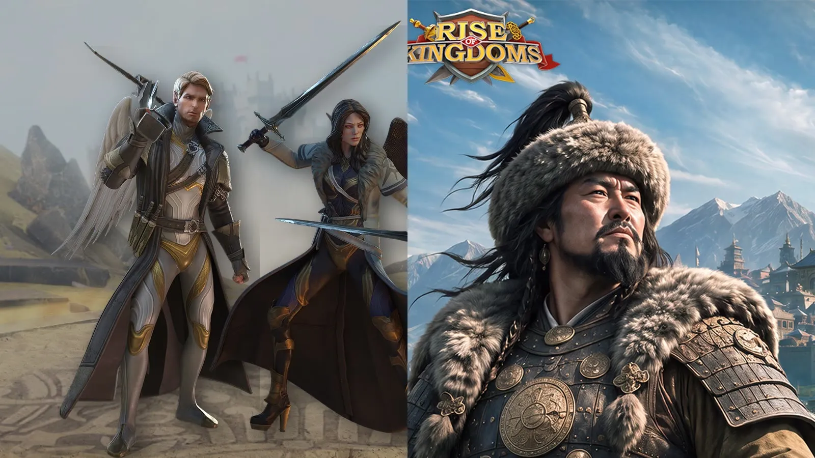 Official art side by side: two RAID: Shadow Legends champions on the left, a Rise of Kingdoms Mongol commander on the right