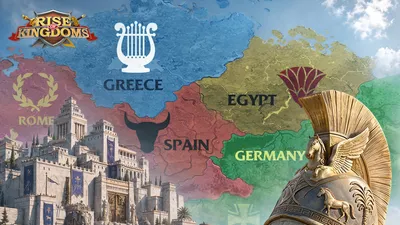 Official Rise of Kingdoms art: a map of civilizations including Greece, Rome, Spain, Egypt and Germany beside a coastal city and a helmeted Greek commander