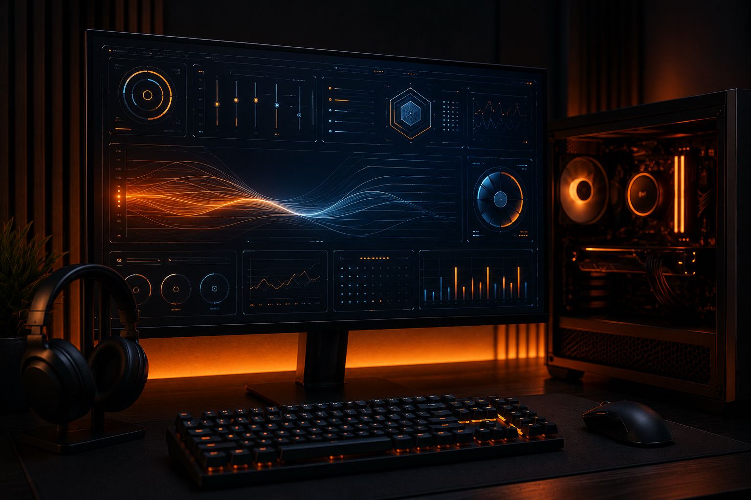 Gaming monitor displaying an abstract performance-tuning dashboard with sliders and graphs, beside an open PC tower with RGB lighting