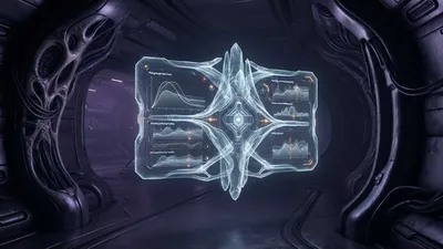A holographic performance dashboard with multiple frame-rate graphs, floating inside an organic sci-fi corridor