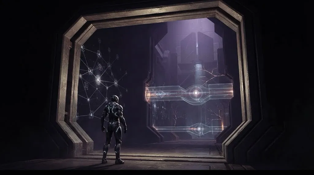 A silhouetted armored character standing before a fading star-chart node map on one side and a glowing corridor threshold on the other