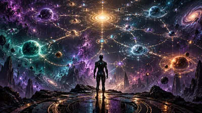 An abstract armored figure facing a vast glowing star map of interconnected planets