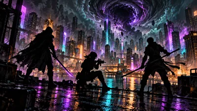 Three silhouetted urban agents with different weapons on a neon-lit city street at night, a swirling dark rift above the skyline